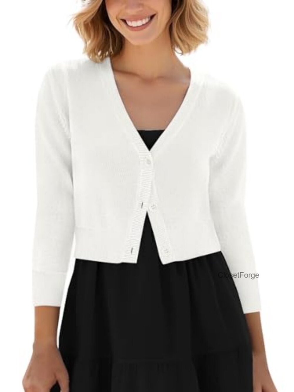V-Neck Cropped Cardigan Button Down Knit Sweater 3/4 Sleeve Short Length